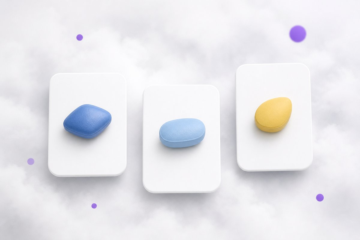 Three PDE5 tablets as floating matchup cards on canvas mist