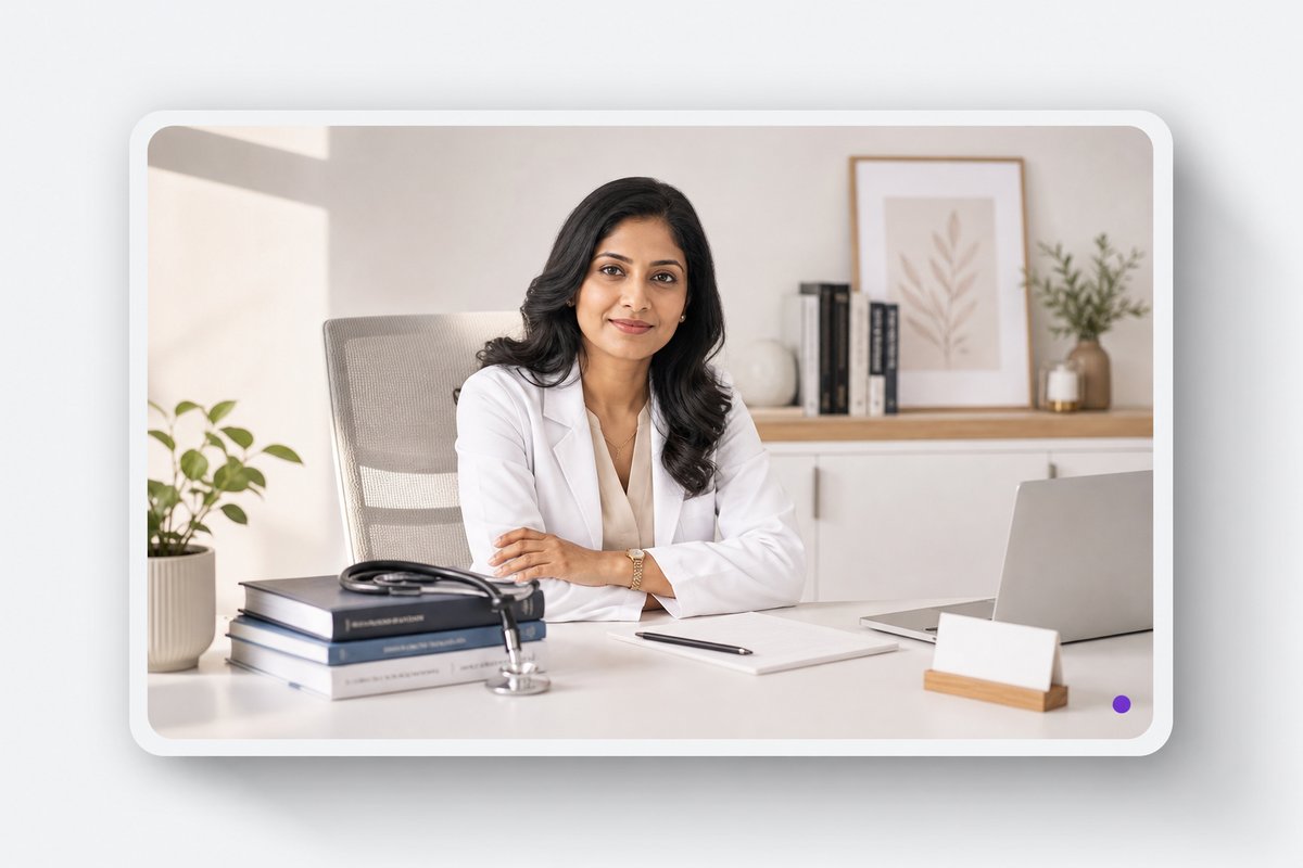 Desk vignette for Dr. Priya Natarajan on canvas mist with violet accent dot