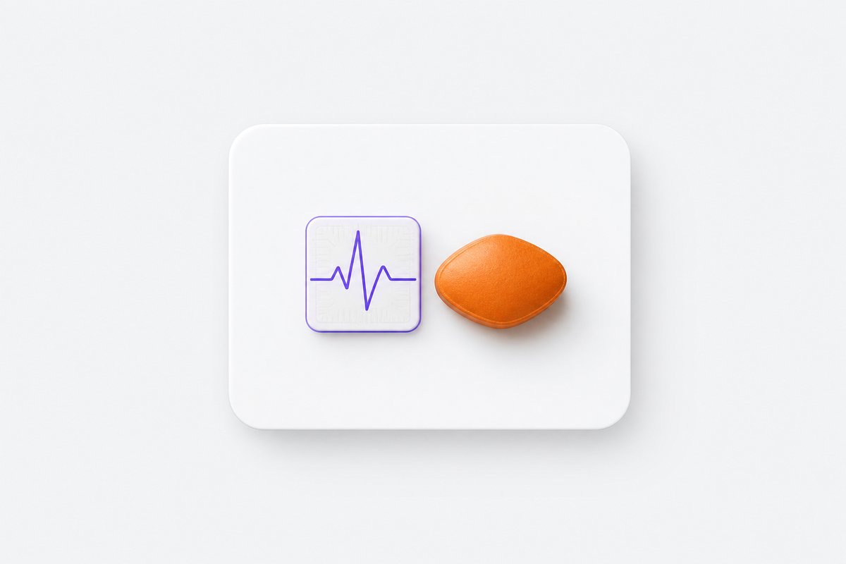 ECG chip accent beside vardenafil on rounded clip
